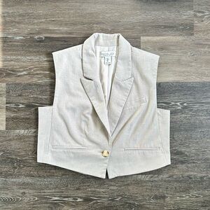 Rachel Zoe Linen Blend Cropped Vest Sleeveless Blazer Waistcoat Beige Large